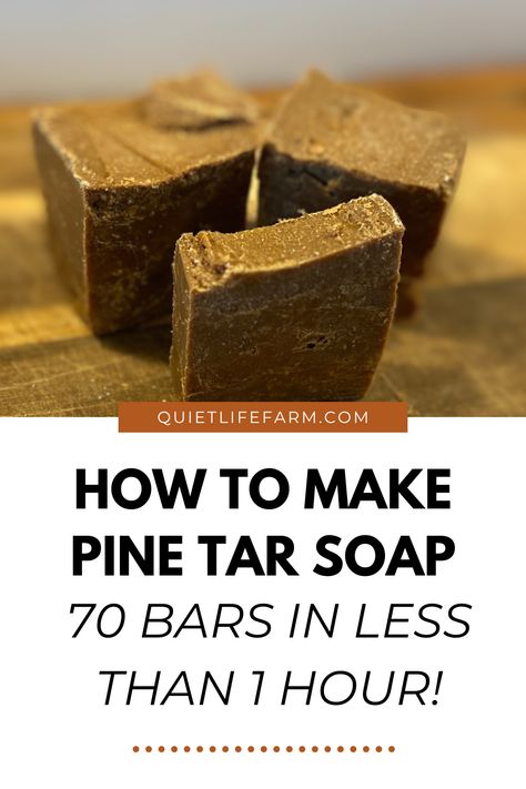 Here’s my recipe for a large batch of Pine Tar Soap! This recipe makes over 21 pounds of soap (70 1″ bars!) and takes less than an hour to make! Pine Tar Soap Recipe, Crock Pot Soap, Pine Tar Soap, Powder Soap, Pine Tar, Sandalwood Powder, Pine Oil, Pine Essential Oil, Soap Recipe