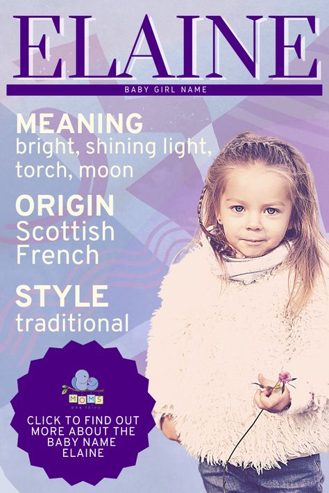 Elaine is a Scottish and French girl’s name that means “bright, shining light”, “torch”, or “moon”. Elaine is a version of the names Helene and Helen and ultimately comes from the Greek terms “helene” or “selene”. Elaine has been regaining popularity since 2011 alongside names like Helene and Ellen. #girlname #babyname Eliana Name Meaning, Elaine Name Meaning, Eileen Name Meaning, Lilian Name Meaning, Elowyn Baby Name, E Baby Girl Names, Top 100 Names, Greek Names, Getting Ready For Baby