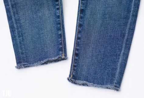 Denim DIY: How To Do Raw Frayed Hem Jeans - The Jeans Blog Raw Edge Jeans Diy, Raw Hem Jeans Diy, Frayed Jeans Diy, Making Jean Shorts, Diy Distressed Jeans, How To Make Jeans, Clothes Hacks, Jeans Trend, Fringe Jeans