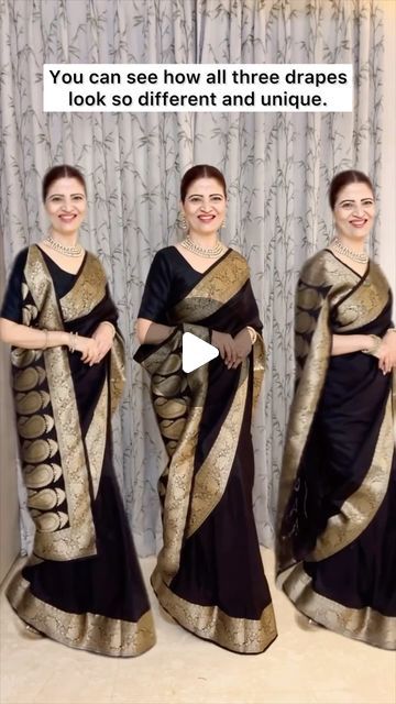 Black Saree Hairstyle, Black Saree With Golden Border, Sari Tutorial, Black Saree Look, Saree Hairstyles, Saree Wearing, Saree Draping, Golden Border, Black Saree