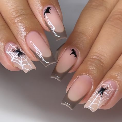 cute lil spooky set • • • #nailzzbylo #nails #nailsnailsnails #nailsofinstagram #nailart #naildesign #nailinspiration #nailinspo #nailideas #gelxnails #acrylicnails #structuredmani #fallnails #nailtech #nailsoftheday #nailsofig #nailstagram #covinanailtech #2024nails #sandimasnails #626nails #halloweennails #spookynails #spookyseason Halloween Nail Simple, Classic Halloween Nails, Halloween Birthday Nails, French Tip Halloween Nails, Nude Halloween Nails, Halloween French Tip Nails, Nail Spider, Scorpio Nails, Spider Nail Art