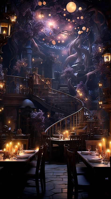 Dine at a magical restaurant and enjoy an enchanting experience. This is an AI artwork created using Midjourney. Magical Restaurant Design, Magic Room Concept Art, Fantasy Restaurant Concept Art, Magical Wallpaper Aesthetic, Magical Restaurant, Magic School Aesthetic, Fantasy Restaurant, Magical Cafe, Avatar House