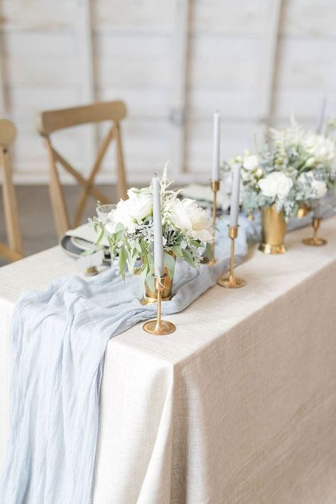 Romantic rustic style meets French elegance in this utterly sweet Wisconsin barn wedding shoot from Christy Janeczko Photography and Allure Premiere Event Florists! The whitewashed surroundings of ceremony and reception venue, The Mill Events, inspired the light and airy palette of white, gray, and subtle tones of blue and organic green. Rustic Romance Wedding, French Country Wedding, Wedding London, Grey Wedding Dress, Idee Babyshower, Blue Table Runner, Elegance Wedding, Romance Wedding, Wedding Tablescape