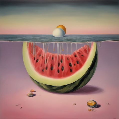 Surreal image of a watermelon, an egg and the ocean Fruit Surrealism Art, Fruit Planet, Fantasy Journal, Resin Arts, Beach Clipart, Summer Clipart, Planets Art, Summer Scrapbook, 2d Design