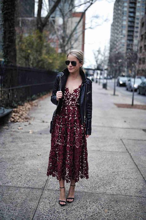 Maxi Dress With Leather Jacket, Dress With Leather Jacket, Styled Snapshots, Wedding Guest Inspiration, Leather Jacket Outfits, Burgundy Lace, Winter Capsule, Todays Outfit, Lace Midi