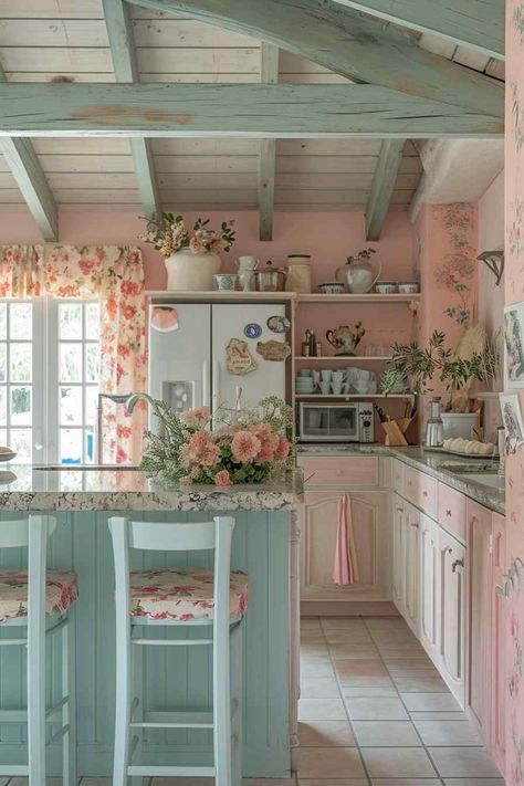 Pink And Teal Kitchen Ideas, Pastel Cottage Kitchen, Shabby Chic Kitchen Decor French Country, Cozy Cottage Kitchen Aesthetic, Pink Cottage Kitchen, Fairycore Kitchen, Fairytale House Interior, Pink And Green Kitchen, Shabby Chic Kitchens