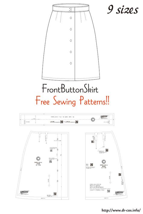 Button Skirt Pattern, Skirt Sewing Patterns, A Line Skirt Pattern, Pola Rok, Skirt Pattern Free, Japanese Sewing Patterns, Skirt Sewing, Japanese Sewing, Button Skirt