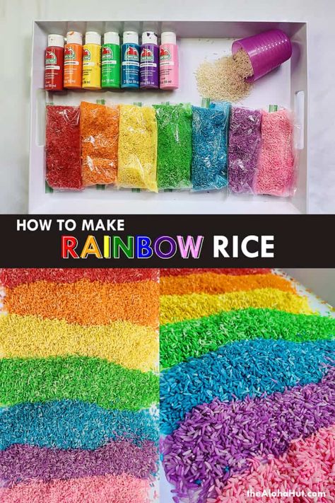 How To Make Rainbow Rice for Sensory Play - The Aloha Hut Bag Of Rice, Dyed Rice, Diy Sensory Toys, Toddler Sensory Bins, Baking Easy, Easy Peasy Lemon Squeezy, Rainbow Rice, Baking Trays, Rice Food