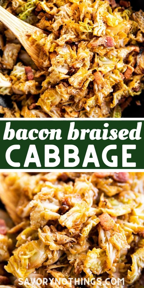 This Bacon Braised Cabbage is a quick and easy vegetable side dish to make with a hearty dinner. Full of flavor from the caramelized cabbage, it’s perfect for winter. | #fallrecipe #sidedish #bacon #easyrecipes Bacon Meals, Braised Vegetables, Xmas Dinner Party, Instant Pot Recipes Healthy, Easy Vegetable Side Dish, Cabbage Side Dish, Rice And Potatoes, Irish Recipes Authentic, Cute Halloween Treats