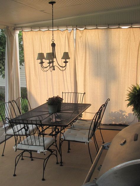 Porch Curtains, Enclosed Patio, Patio Curtains, Curtain Ideas, Pergola Patio, Outdoor Curtains, Deck Ideas, Drop Cloth, Diy Curtains