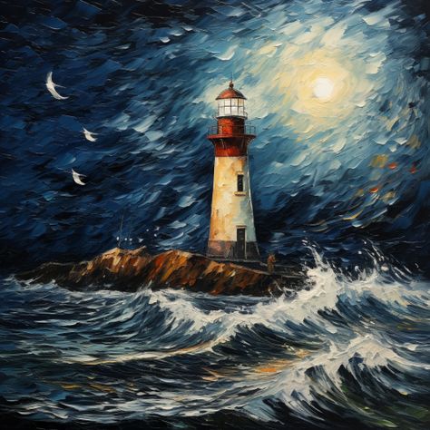 Lighthouse Oil Pastel, Stormy Lighthouse, Lighthouse Storm, Lighthouse Drawing, Sea Drawing, Van Gogh Style, Storm Art, Lighthouse Painting, Ap Studio Art