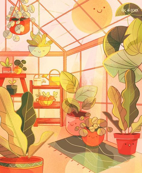 Sunny greenhouse IG: @nic_ochoa_ Greenhouse Illustration, Garden Illustration, Print Inspiration, Plant Shelves, Nature Illustration, Giclee Art, Giclee Art Print, Children Illustration, Sticker Art