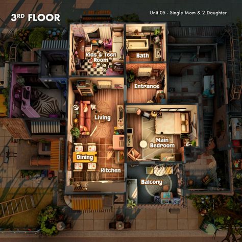 Industrial Apartment Complex 🏗⚙️ -Floorplan- My 2nd part of ✨A Builders Best Collection Collab ✨ hosted by the lovely @angelofthenightcreations is the layout of this apartment that caters to families, singles, couples, and pets! It consists of five apartment units, a small café, a laundry shop, a food stall, a rooftop garden, and a shared yard. It's fully furnished and playtested as always! Interior will be up next! It will be a long thread of post, I hope you don't mind. 🙈 Don't forget t... Sims 3 Apartment, Small Apartment Complex Plans, Sims Layout, Small Apartment Complex, Small Apartment Layout, Single Apartment, Industrial Apartment, Sims Houses