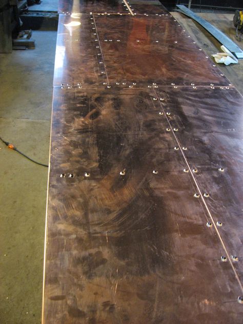 72 oz Copper bar top. Fully welded and finished corners and counter sunk Riveted Seams. Metal Bar Top, Copper Bar Top, Bar Countertops, Bar Tops, Copper Tiles, Copper Table, Copper Bar, Rustic Bar, Home Bar Designs