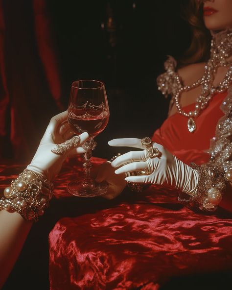 Close-up of two hands wearing white gloves, one holding a glass full of wine and the other touching it on top. Jewelry adorns the necks, and a red velvet tablecloth covers the surface, all set against a red background. This photograph was taken in the style of Tim Walker using 35mm film. in the style of kodak film. Film grain atmospheric, cinematic - Vave BG Velvet Tablecloth, Red Portrait, Film Grain, Kodak Film, Tim Walker, White Gloves, Black White Fashion, 35mm Film, White Fashion