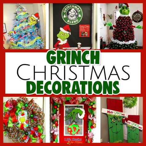 Grinch Christmas Decorations-DIY Decor, Trees, Wreath Ideas & More For 2023 Grinch Fireplace Decor Diy, Diy Grinch Door Decorations, Grinch Door Decor, The Grinch Door Decorations, Grinch Front Porch Decorations, Whoville Door Decorations, Grinch Christmas Door Decorations, Grinch Porch Decor, Grinch Office Decorating Ideas