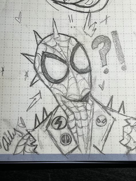 Easy Bored Drawings, Hobie Spiderman Drawing, Hobie Brown Sketch Book, Hobie Brown Sketchs, Hobie Brown Spider Punk Sketch, Spiderman Drawings Sketches, Spider Punk Drawing Sketch, Spider Punk Doodle, Spiderman Across The Spider Verse Sketch