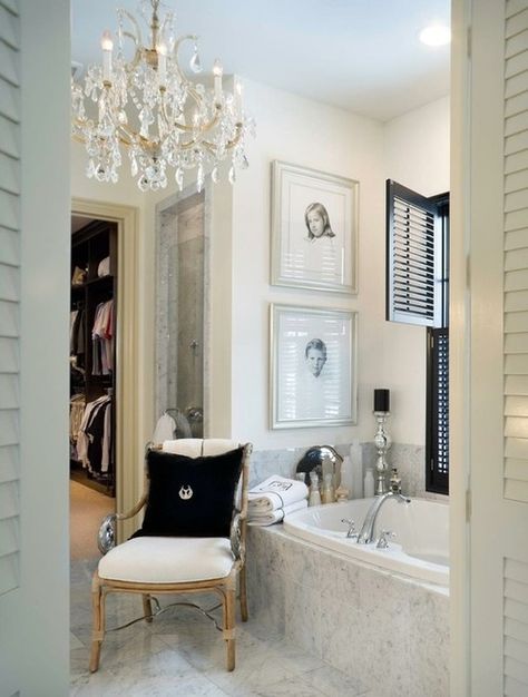 Beautiful bath - love the framed Dubose Blakeney portraits!  Get Fletchers Portraits framed! But not in the bathroom. Principal Office, Insurance Office, Administration Office, Ceo Office, Lawyer Office, Company Office, Black Shutters, Bad Inspiration, Dentist Office