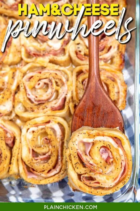 Hot Ham & Cheese Pinwheels - Plain Chicken March Madness Party Food, Hot Ham And Cheese, Cream Cheese Biscuits, Cream Cheese Sausage Balls, Ham And Cheese Pinwheels, Cheese Pinwheels, Pinwheel Recipes, Plain Chicken, Deli Ham