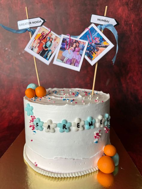 Customised Farewell Cake with hanging pics on top💕 Funny Farewell Cakes, Goodbye Cake, Africa Cake, Bon Voyage Cake, Birthday Greetings For Sister, Farewell Cake, Hanging Cake, Cake For Boyfriend, Surprise Cake