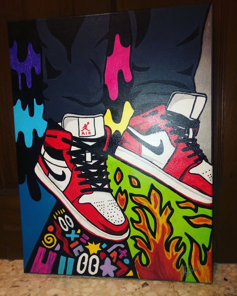 Jordan 1 Painting, Jordan Artwork, Artwork Canvas, Hippie Painting, Money Stacks, Jordan Air, Canvas Painting Designs, Diy Bookmarks, Canvas Ideas