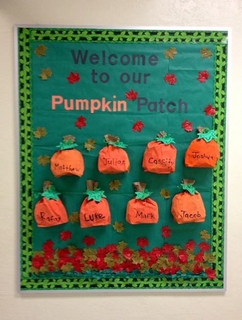 Welcome to our pumpkin patch. Fall bulletin board Fall Pumpkin Bulletin Board Ideas, Fall Bulletin Boards For Daycare Infants, Fall Toddler Bulletin Board Ideas, Fall Themed Bulletin Boards, October Bulletin Board Ideas, Fall Bulletin Board Ideas, Welcome To Our Pumpkin Patch, October Bulletin Boards, Halloween Diy Door