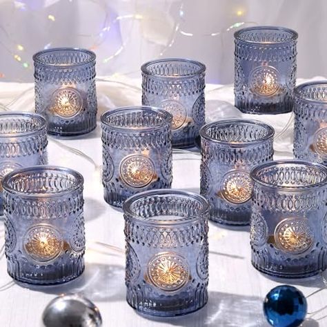 DEVI 24pcs Navy Blue Votive Candle Holders, Glass Tea Lights Candle Holder,Navy Blue Wedding Table Decrations,Boho Fall Christmas Decorations for Home,Blue Decor Blue Votive Candle Holders, Blue Candle Holders, Glass Votive Candle Holders, Led Tea Lights, Tealight Candle Holder, Boho Wedding Decorations, Sunflower Decor, Blue Candles, Party Table Decorations