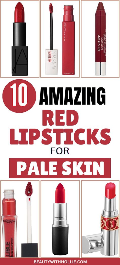 Amazing Red Lipstick Shades for Fair & Pale Skin Red Lip For Fair Skin, Subtle Red Lipstick, Best Red Lipstick For Fair Skin, Red Lipstick For Blondes, Red Lips Pale Skin, Soft Red Lip, Blue Based Red Lipstick, Nyx Red Lipstick, Drugstore Red Lipstick