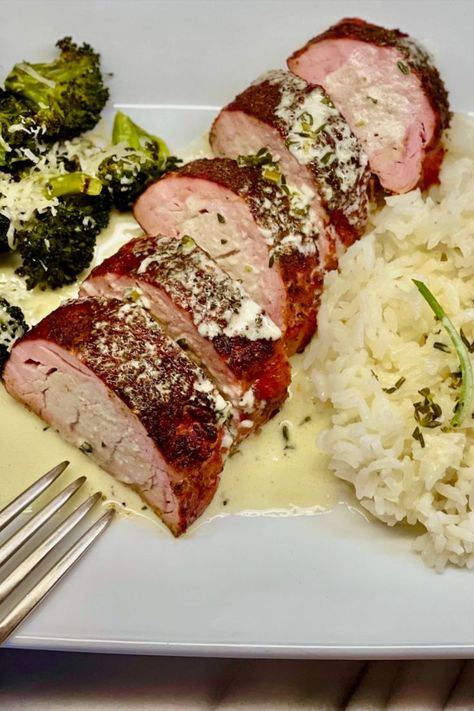 10 minutes prep • 30 minutes bake or 60 minutes grill or 3 hours smoker • Gluten-free • Low FODMAP • Serves 4 - 6 • This pork tenderloin is flavorful and crispy on the outside, juicy and tender on the inside. Served with rice, parmesan broccoli, and our white wine cream sauce, this is a delicious meal! #lowfodmapdiet #fodmap #lowfodmap #fodmapfriendly #lowfodmapfriendly #lowfodmapfoodie #glutenfree #glutenfreerecipes #Gourmendfoods #BBQ #traegergameday Wine Cream Sauce, Fodmap Recipes Dinner, Low Fodmap Recipes Dinner, White Wine Cream Sauce, Roasted Pork Tenderloin, Parmesan Broccoli, Low Fodmap Diet Recipes, Fodmap Diet Recipes, Lactose Free Recipes