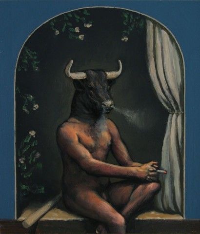 Alan Macdonald Minotaur at Rest, 2015 oil on board 25.4 x 22.9 cm 10 x 9 in Horse Standing, Man Beast, Search Party, Scottish Artists, The Dogs, The Horse, A Horse, On Board, The Tree