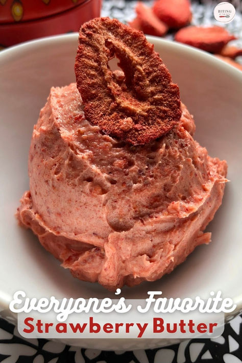 A scoop of hot pink all-natural strawberry butter in a white ceramic bowl (it looks like ice cream) with a single freeze-dried strawberry on top as a garnish and an overlay that reads: Everyone's Favorite Strawberry Butter. There are also more strawberries in the background and a strawberry shaped tin as well and the tray it's all sitting on is a black and white speckled tray. Strawberry Honey Butter, Strawberry Butter Recipe, Pancakes Homemade, Morning Muffins, Flavored Butter Recipes, Strawberry Honey, Fruit Butter, Honey Butter Recipe, Strawberry Scones