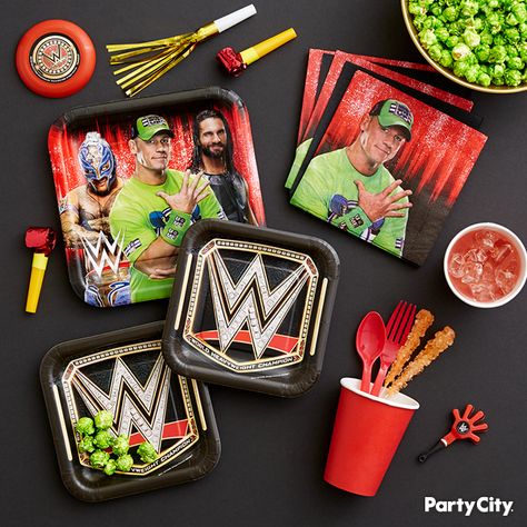 Wwe Theme Party, Wwe Party Favors, Wwe Party Decorations, Wwe Birthday Party Ideas Decoration, Wwe Party Ideas, Wrestlemania Party, Wwe Decorations, Wwe Birthday Cakes, Wwe Birthday Party Ideas