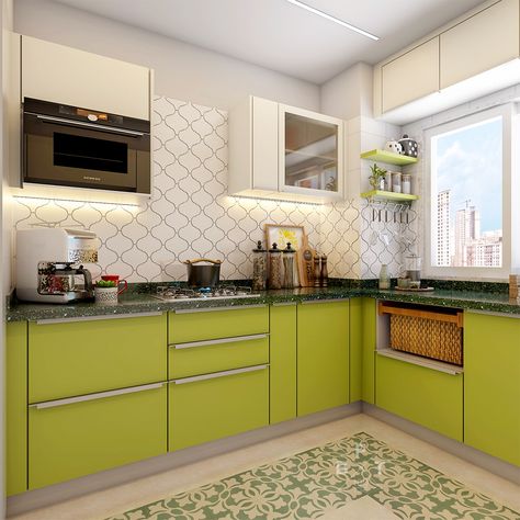 Pops of lime green add a bright touch to this kitchen with matching floors. Bright Green Kitchen, Green Kitchen Cupboards, Green Kitchen Inspiration, Kitchen Interior Inspiration, Lime Green Kitchen, House Vibes, Dragon's Lair, Grey Kitchen, Kitchen Accents