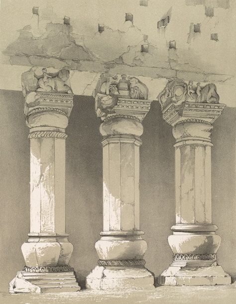 RBSI - Pillars in Great Chaitya Cave, Kanheri - 1839 This is plate 14 from James Fergusson's 'Illustrations of the Rock Cut Temples of India'. The Buddhist caves of Kanheri lie in forested hills north of Bo Kanheri Caves, Temple India, Indian Temple Architecture, Temple Photography, Ancient Technology, Temple Architecture, Indian Temple, Royal Academy Of Arts, Ancient Architecture