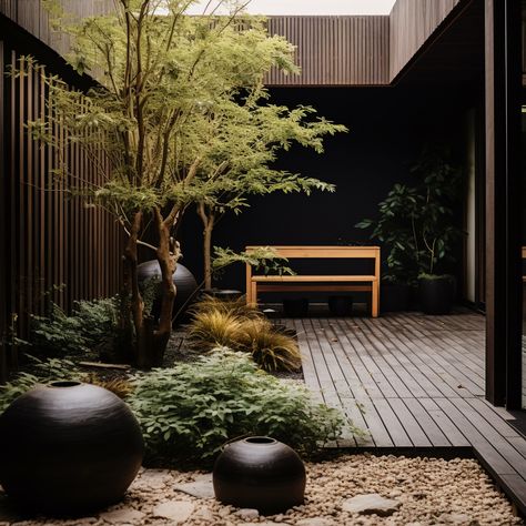 Modern japandi garden dark wood panelling orb planters Japanese greenery Modern Japanese Landscape Design, Japanese Inspired Courtyard, Japanese Patio Design, Japandi Garden Design, Japandi Outdoor Space, Japandi Courtyard, Japandi Garden Ideas, Japandi Garage, Japanese Style Backyard