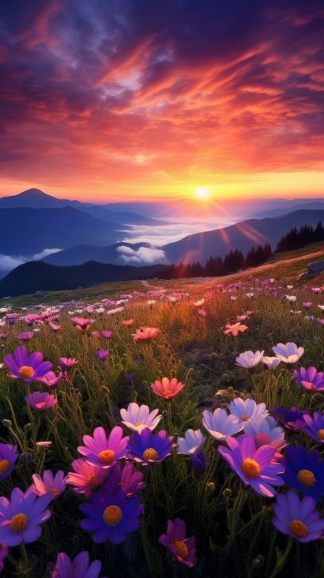 Meadow of spring flowers landscape mountain outdoors. AI generated Image by rawpixel. | premium image by rawpixel.com / Ling Sun Rise Wallpaper, Rising Sun Wallpaper, Iphone Sunset Wallpaper, Rise Wallpaper, Wallpaper Sunrise, Landscape References, Photo Blend, Lily Seeds, Sun Landscape