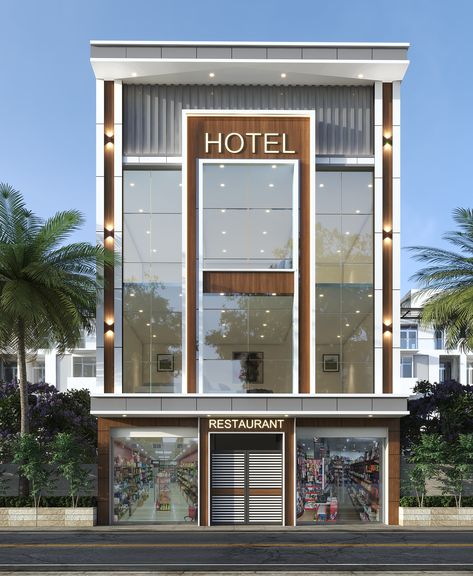 Hotel Building Elevation, Hotel Front Design, Hotel Front Elevation Design, Commercial Front Elevation, Acp Exterior Design For Shop, Acp Exterior Design Commercial, Hotel Elevation Exterior, Office Elevation, Hotel Elevation