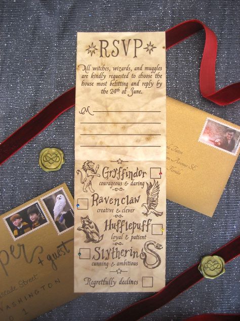 Choose a house! Gryffindor? Ravenclaw? Hufflepuff? Or Slytherin?! RSVP cards for a Harry Potter themed wedding. Harry Potter Wedding Slytherin, Harry Potter Themed Wedding Invitations, Harry Potter Wedding Theme Wedding Ceremony Decor, Gryffindor Wedding Theme, Hogwarts Themed Wedding, Harry Potter Wedding Invites, Harry Potter Wedding Ideas Decoration, Slytherin Themed Wedding, Slytherin Wedding Theme