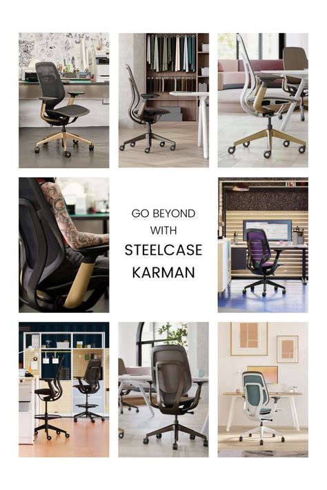 Collage of the new Steelcase Karman office chair, a mesh chair with a 21st century design. Heritage Office, Innovative Office, Best Office Chair, Comfortable Office Chair, Mesh Chair, Home Office Chairs, Ergonomic Chair, Comfortable Chair, The Next Generation