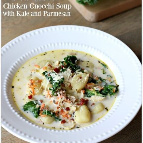 Slow Cooker Chicken Gnocchi Soup with Kale and Parmesan: A cream based soup with tender, moist bites of chicken, bacon crumbles, bright green leafy kale and dumpling-like gnocchi. This soup is a 10 out of 10 at my house. If I start a soup restaurant and can serve only 3 soups this will be one … Slow Cooker Chicken Gnocchi Soup, Slow Cooker Chicken Gnocchi, Soup With Kale, Chicken Gnocchi, Chicken Gnocchi Soup, Gnocchi Soup, Parmesan Recipes, Soup Recipes Slow Cooker, Chicken Slow Cooker Recipes