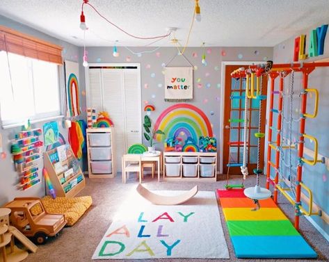 Playroom Design Layout, Pottery Barn Playroom, Sensory Kids Room, Daycare Rooms, Small Playroom, Indoor Playroom, Colorful Playroom, Living Room Playroom, Baby Playroom