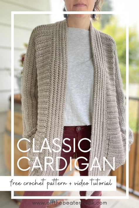 Are you ready to crochet your next go-to, classic, cozy crochet cardigan? Look no further! This free crochet pattern, along with photo and video tutorials will walk you step-by-step through the process of crocheting a stylish and timeless cardigan. This beginner-friendly crochet pattern is written in sizes XS-4XL. Get ready to create something beautiful! Crochet Tee, Long Cardi, Crochet Cardigan Pattern Free, Gilet Crochet, All Free Crochet, Classic Cardigan, Crochet Videos Tutorials, Crochet Jacket, Crochet Cardigan Pattern