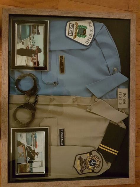 Shadow box police Law Enforcement Office Ideas, Police Uniform Shadow Box Ideas, Shadow Box Police Officer, Law Enforcement Shadow Box Ideas, Uniform Display Ideas, Police Shadow Box Ideas, Fire Hose Crafts, Uniform Display, Police Crafts