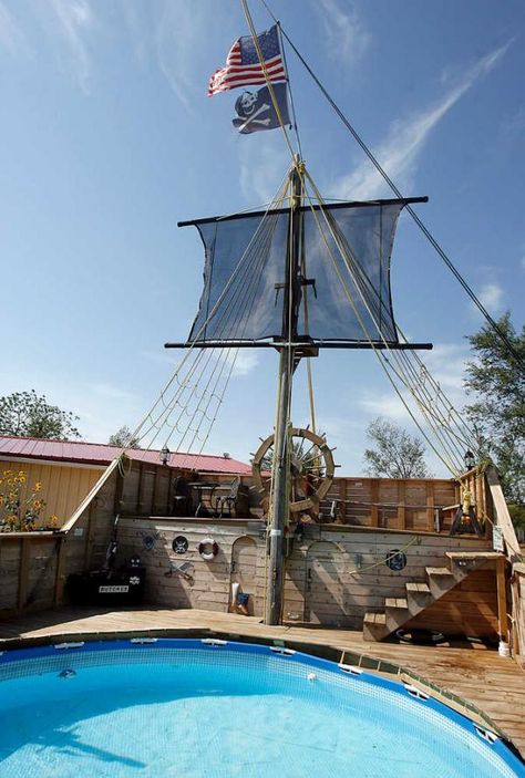 Deck Play Area, Fort Outdoor, Pirate Ship Playhouse, Deck Piscina, Best Above Ground Pool, Fiberglass Pool, Pirate Decor, Pirate Ships, Diving Board