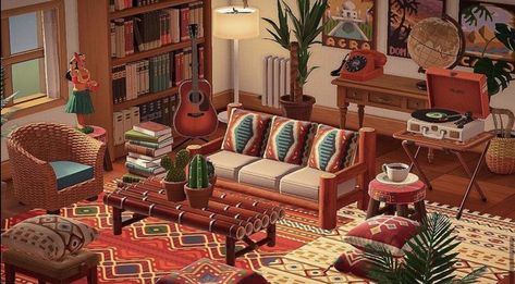 Acnh Retro House, Acnh Boho Living Room, Acnh Tropical House Interior, Animal Crossing Hippie Island, Acnh Hippie Island, Acnh Retro Designs, Hippie Animal Crossing, Animal Crossing Retro, Acnh Retro