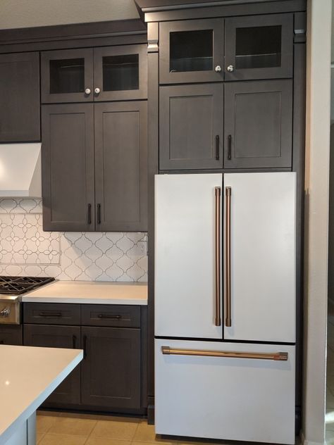 White Appliances Dark Cabinets, Two Tone Kitchen Cabinets With White Appliances, Ge Cafe Matte White Refrigerator, Ge Cafe Kitchen Design, White Cafe Appliances In Kitchen, Ge Cafe Matte White Kitchen, Cafe Appliances Matte White, White Cafe Appliances, Ge Cafe Matte White