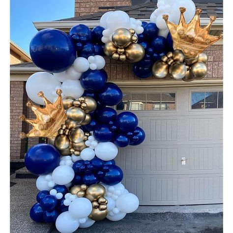 【147pcs Balloon Garland Kit】Navy Blue Balloons(20pcs 5inch + 35pcs 10inch + 1pc 18inch); White Balloons(25pcs 5inch + 25pcs 10inch + 1pc 18inch); Metallic Gold Balloons(20pcs 5inch + 15pcs 10inch + 1pc 18inch); Crown Foil Balloons. 2pcs; Accessories(1pc Dot Glue + 1pc Balloon Strip) 【Wide Application】Use our DIY package to create your own gorgeous party background. Blue balloon arch kit is perfect for graduation, baby shower, engagement, wedding, anniversary, retirement party, photo shoot and more. 【Easy to Assemble】We have long balloon stripes and dot glue to make it easier to make balloon arch. The strips can be bent into any shape you like. You can hang it on trees, walls, windows, doorways, dining tables or anywhere you like. Enjoy the fun of DIY. 【High Quality】All our latex balloons a Royal Blue Balloon Arch, Blue And Gold Balloon Garland, Navy Blue Balloon Garland, Blue Balloon Arch, Balloon Crown, Blue Balloon Garland, Its A Boy Balloons, Balloon Arches, Blue Balloon