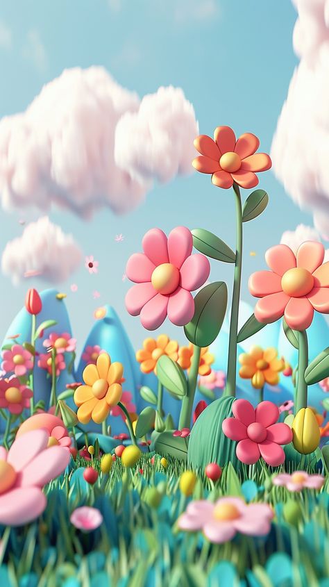 3d Cartoon Background, 3d Flower Background, Blender Scene, Pastel Color Wallpaper, Clay Material, Spring Illustration, Cartoon Flowers, Landscape Background, Flower Landscape