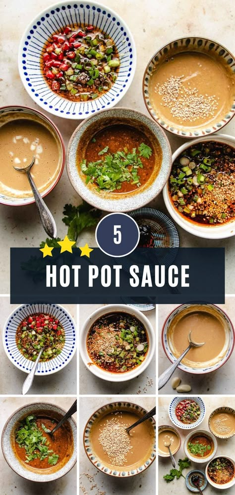 Hotpot sauces with 5 different flavors you can use for hot pot dipping! From Chinese steamboat to Japanese shabu, they are the must-have condiments for hot pot at home! #condiments #sauce #hotpotsauces #hotpot #chineserecipes #dressing #hotpot Hot Pot Sauces, Hotpot Dipping Sauce Recipe, Hot Pot Sauce Recipe, Korean Hot Pot Recipe, Hot Pot Broth Recipe, Hotpot Dipping Sauce, Hot Pot Dipping Sauce Recipe, Shabu Shabu Sauce, Hot Pot Recipes