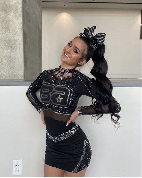 Cheer Uniforms Competitive, Pom Uniforms Dance, Pink And Black Cheer Uniform, Cute Cheer Uniforms, Cheerleading Outfits Aesthetic, Cheerleading Dress, All Star Cheer Uniforms, Cheer Flyer, Cheer Costumes